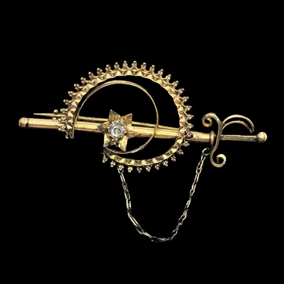 Victorian antique gold tone celestial star rhinestone brooch pin